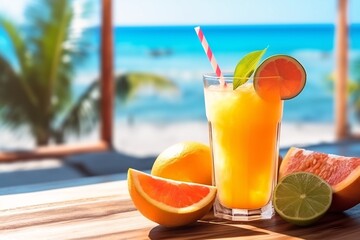 Tropical fruits and Cocktails above tropical sandy beach. Tropical cocktail, juice and fruits. Generative AI technology.