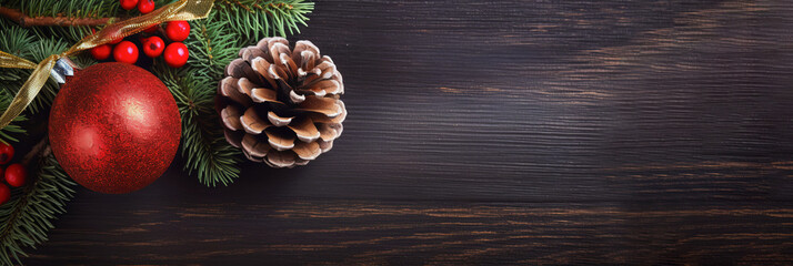 Conifer branch, cone and christmas decorations on wooden background with copy space