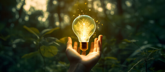 Hand holding light bulb against nature on green leaf with energy sources, Sustainable developmen and responsible environmental, Energy sources for renewable, Ecology concept.