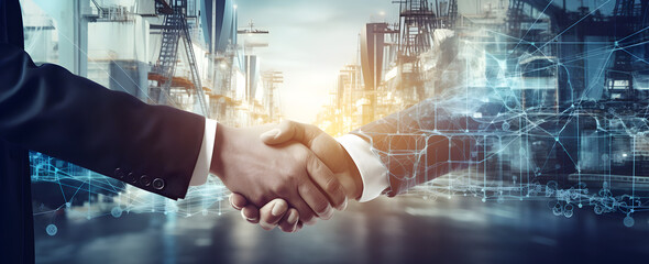 businessman handshake of business deal with logistic and transportation global network distribution on industrial container terminal, export and import.