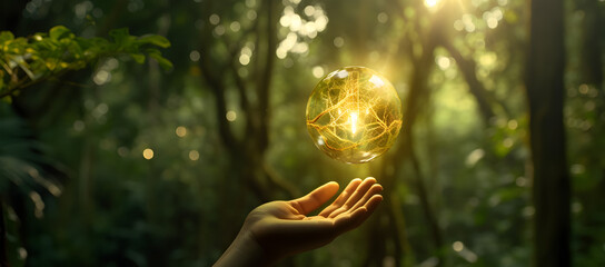 Hand holding light bulb against nature on green leaf with energy sources, Sustainable developmen and responsible environmental, Energy sources for renewable, Ecology concept.