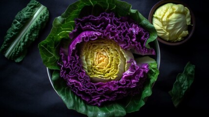 Fototapeta premium cabbage leaf salad top view black background vegan, generated ai