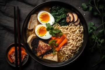 Asian noodle soup, ramen with chicken, tofu, vegetables and egg in black bowl. Slate background. Top view. Image generated by artificial intelligence
