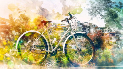Fototapeta na wymiar Image à double exposition, promenade à bicyclette dans la ville - Générative iA
