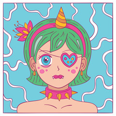 Cute Vampire Girl with Green Hair and Unicorn Horn Illustration