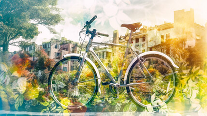 Fototapeta premium Image à double exposition, promenade à bicyclette dans la ville - Générative iA