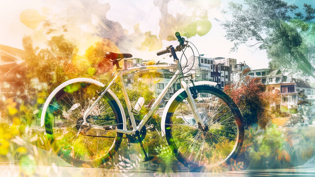 Image à double exposition, promenade à bicyclette dans la ville - Générative iA