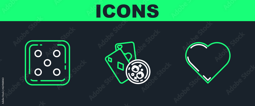 Sticker set line playing card with heart symbol, game dice and cards and glass of whiskey cubes icon. vector