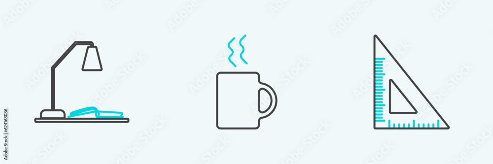 Poster set line triangular ruler, workplace with table lamp and open book and coffee cup icon. vector
