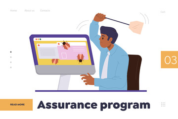 Assurance program online service landing page with man software tester at computer fixing bugs