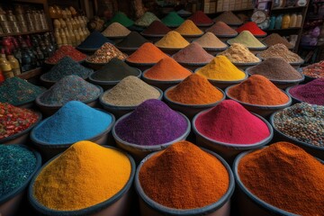 Colorful spices at a traditional market in Marrakech, Morocco. Image generated by artificial intelligence - obrazy, fototapety, plakaty