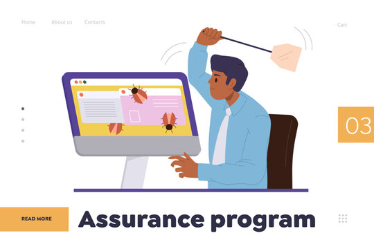 Assurance program online service landing page with man software tester at computer fixing bugs