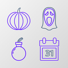 Set line Calendar with Halloween date 31 october, Bomb ready explode, Funny and scary ghost mask for and Pumpkin icon. Vector