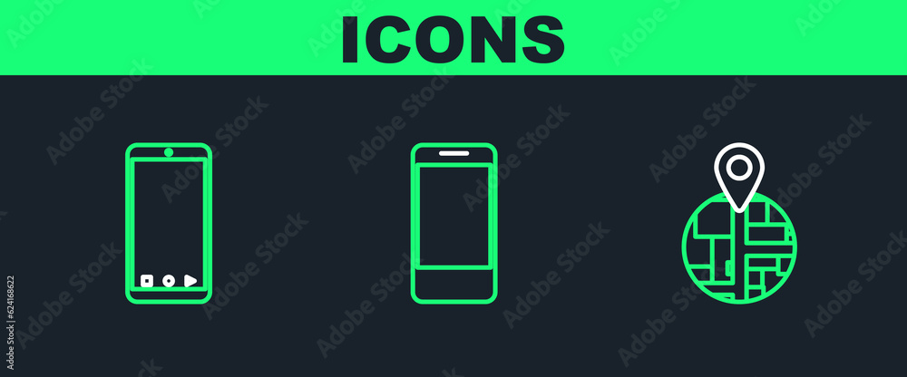 Poster set line , mobile phone with app delivery tracking and icon. vector