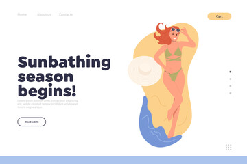 Sunbathing season begins landing page design template with happy woman rest at seaside beach