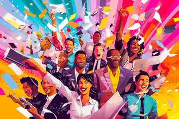 Groupe de personnes contentes levant les bras en l'air et souriant - Employés fêtant un challenge d'entreprise atteint ou la réussite d'un projet - Générative IA