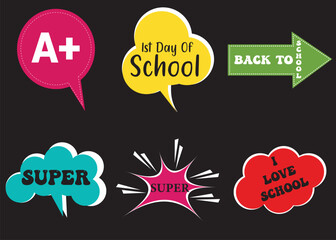 Lettering back school, go, goal, football, super, hey. Set comics book balloon. Bubble speech phrase. Cartoon exclusive font label tag expression. Comic text sound effects. Sounds vector illustration.