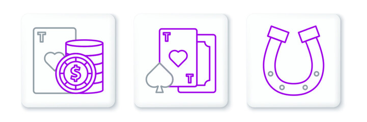 Set line Horseshoe, Casino chip and playing cards and Playing with heart icon. Vector