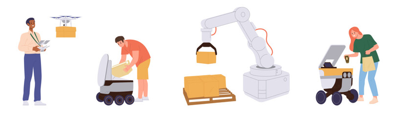 People using robotic arm, remotely controlled technology for parcel and food order delivery