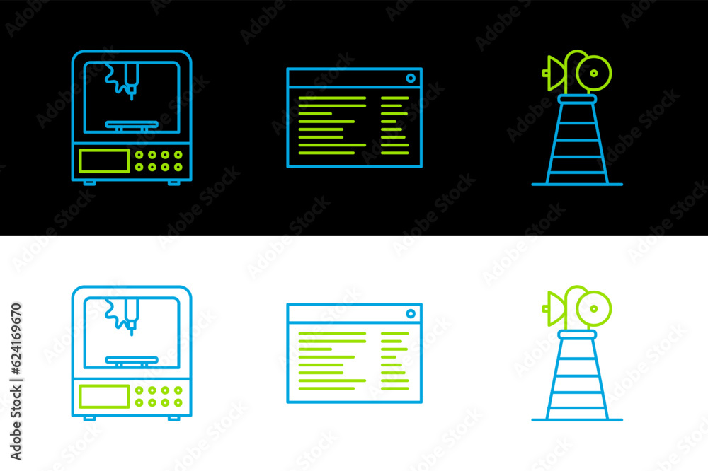 Aufkleber set line antenna, 3d printer and software, web developer programming code icon. vector