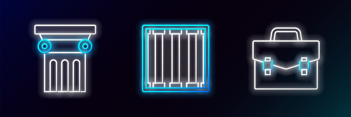 Set line Briefcase, Law pillar and Prison window icon. Glowing neon. Vector