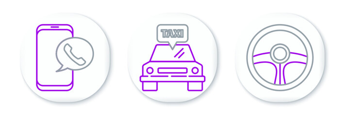 Set line Steering wheel, Taxi call telephone service and car icon. Vector