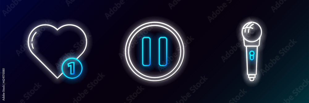 Poster set line microphone, like and heart and pause button icon. glowing neon. vector