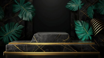 A black podium stage shelf featuring backgrounds of Emerald and gold tropical Leaf. Generative AI	