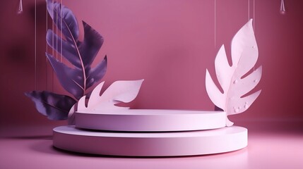 Podium Stage Shelf with pink and violet and tropic backgrounds. Generative AI	
