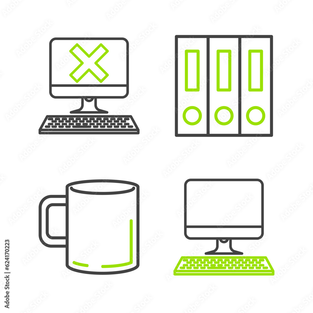Poster set line computer monitor with keyboard, coffee cup flat, office folders papers and documents and x 