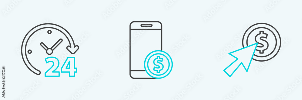 Poster set line cursor and coin, clock 24 hours and smartphone with dollar icon. vector