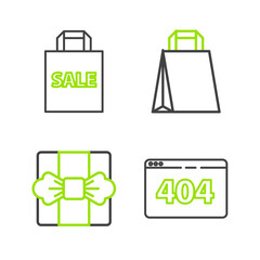 Set line Page with a 404 error, Gift box, Paper shopping bag and Shoping Sale icon. Vector