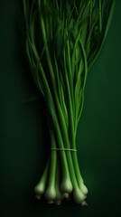 Background of fresh green onions tied in bunches pattern, Realistic illustration. close-up. generative ai