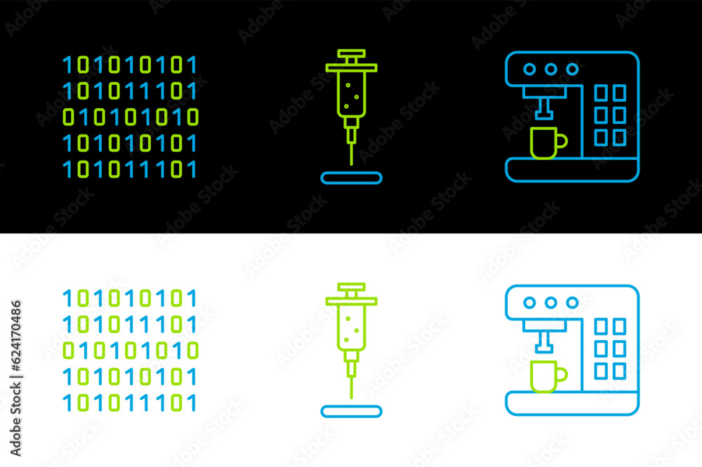 Poster set line coffee machine, binary code and syringe icon. vector