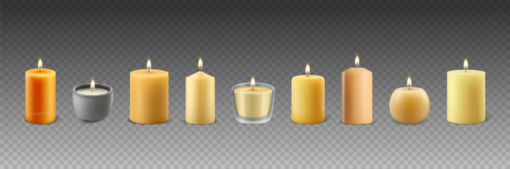 Vector 3d Realistic Different Paraffin Wax Burning Party, Spa Candles Set with Flame of a Candle, Isolated. Candle Design Template Collection, Front View