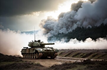 Fototapeta na wymiar Armored tanks in row crosses a mine field during war, epic scene, forest on background, steam, fog, clouds of dust. Contemporary battlefield. Modern war. Special military operation. Generative AI