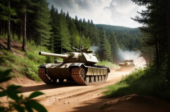 Modern armored tanks vehicle riding on the edge of forest. Tank column on wildland road sunny summer day. Contemporary battlefield. Modern war. Special military operation. Generative AI