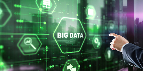 Businessman clicks Big data world and globe icon modern interface