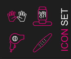 Set line Nail file pet, Hair dryer, Cat scratching post and Medical rubber gloves icon. Vector