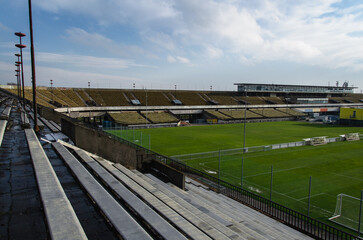 The tribunes of an abandoned Strahov Stadium in Prague, Czech Republic
