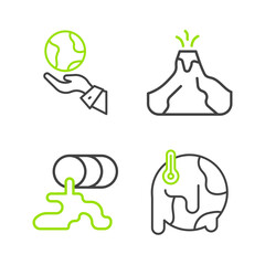 Set line Global warming, Barrel oil leak, Volcano eruption with lava and Hands holding Earth globe icon. Vector