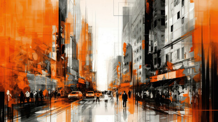 background illustration in orange colors. urban landscape. Generative AI. 