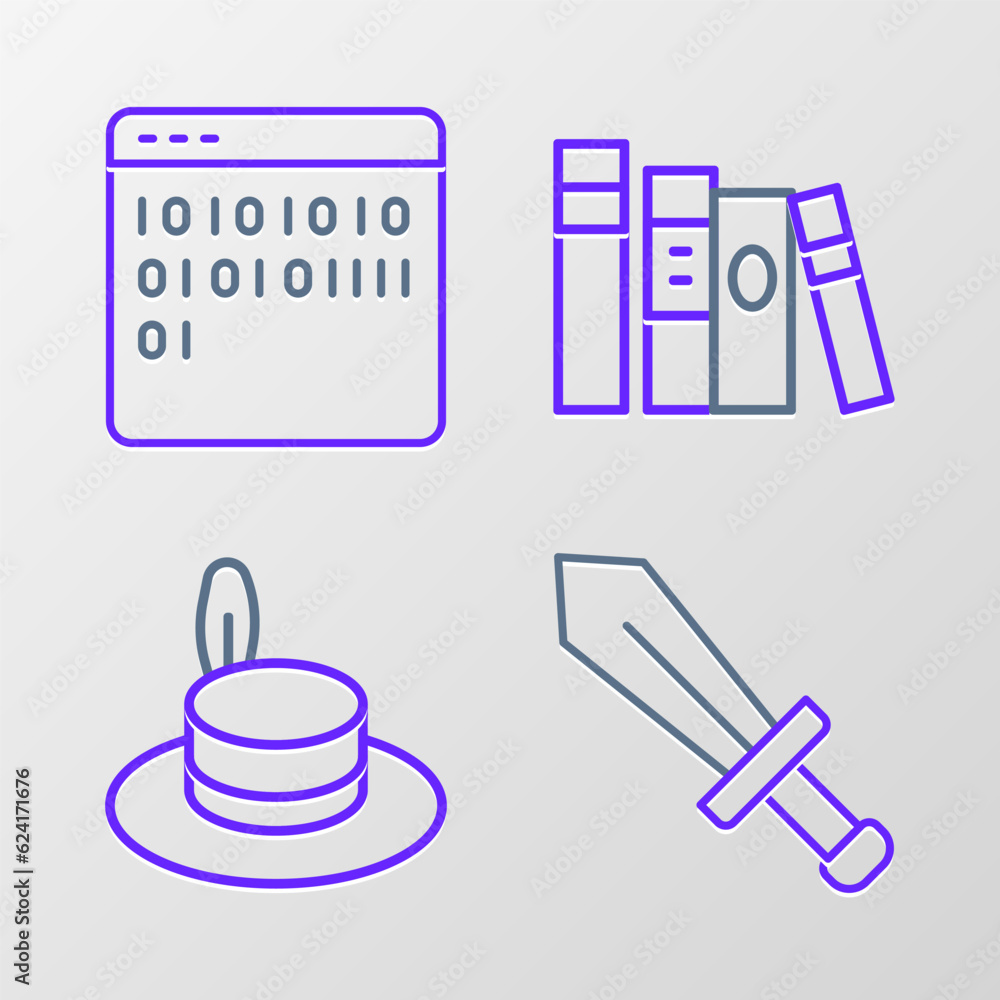 Aufkleber set line sword for game, man hat, book and binary code icon. vector