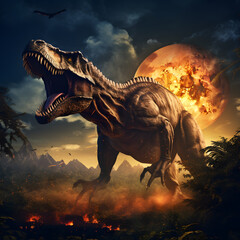 Tyrannosaurus Rex in lush valley with volcano and full moon