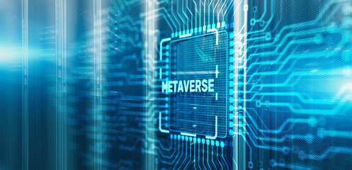 Inscription metaverse on processor icon. Electronic Circuit Board Chip