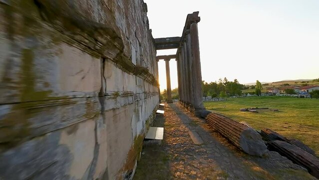 4K fpv drone footage in ruins of the ancient city aizonai kutahya turkey
