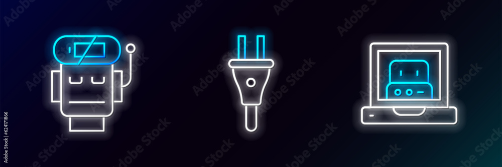 Poster set line creating robot, robot low battery charge and electric plug icon. glowing neon. vector