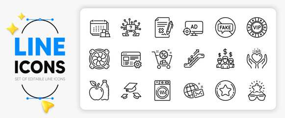Loyalty star, Salary employees and Web settings line icons set for app include Apple, Dryer machine, Escalator outline thin icon. Teamwork question, Shopping cart, Fake news pictogram icon. Vector