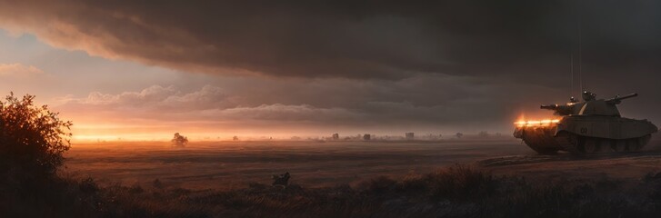 Armored tanks stand on battlefield after battle late summer or autumn evening during war, steam, fog, clouds of dust. Contemporary battlefield. Modern war. Special military operation. Generative AI