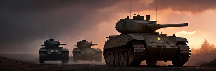 Armored tanks in row crosses a mine field during war, epic scene, forest on background, steam, fog, clouds of dust. Contemporary battlefield. Modern war. Special military operation. Generative AI